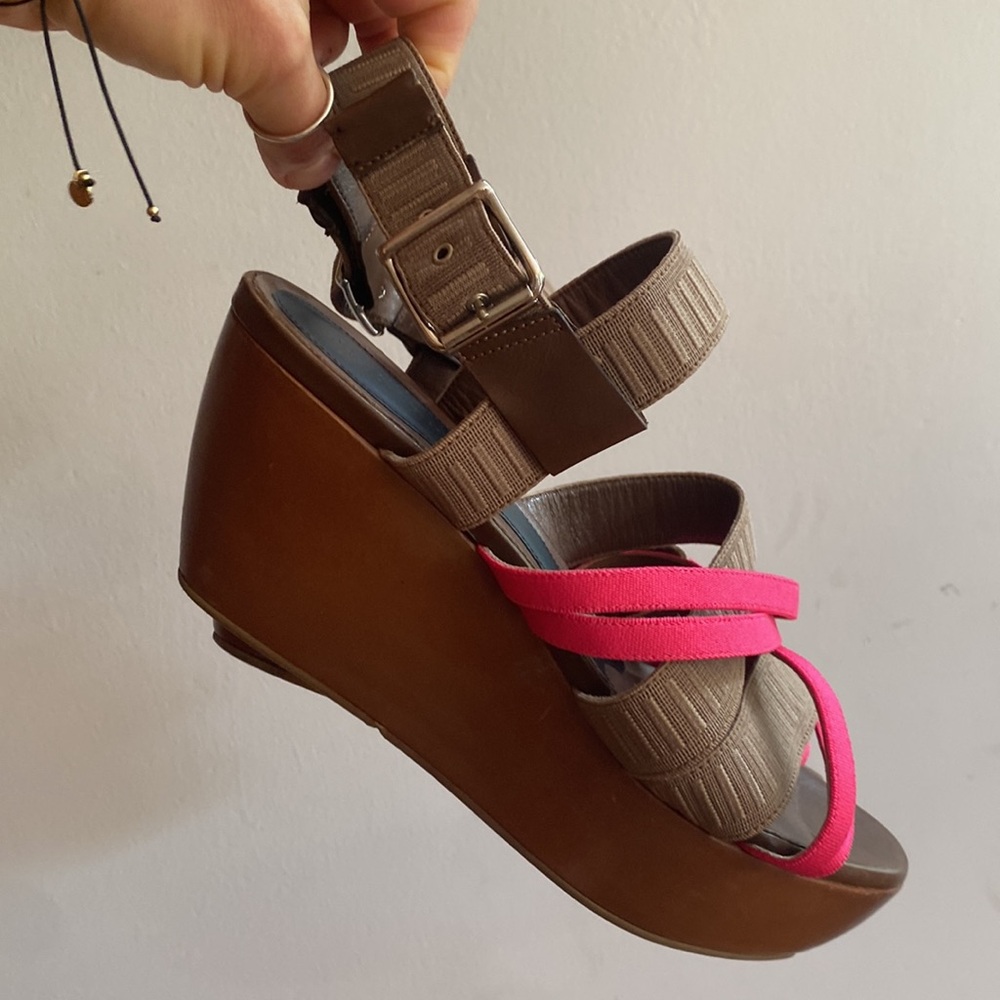 Marni brown pink leather strap wedge sandals
